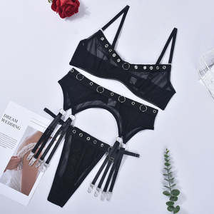 Wholesaler Sheer Mesh Underwear Black Lace Complex Punk Lingerie Garter Set Women Clothing - Product Image 6
