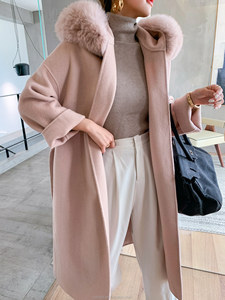 Elegante giacca da <span class=keywords><strong>trench</strong></span> in cashmere con cappuccio in pelliccia rosa chiaro cappotto lungo da donna in lana invernale - Product Image 3