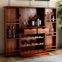 Wood Medium Bar Cabinet with Honey Finish Hard and Soft Drinks Storage Rack Freestanding Home Furniture for Living Room Dining