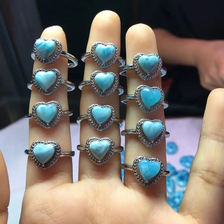 Anello ridimensionabile con pietre preziose naturali Larimar a cuore blu 925 gioielli in argento Sterling massiccio