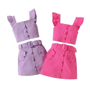 女婴服装夏季童装蕾丝褶皱吊带单排扣裙带3pcs Soild女童服装套装