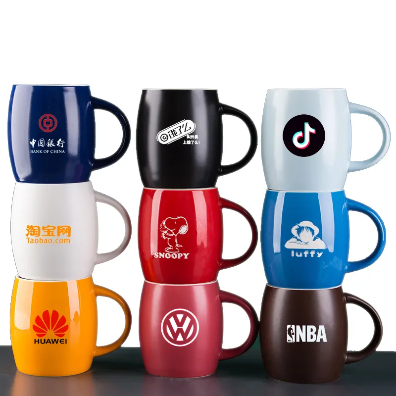 Tazas de café estampadas en policromo, color rojo y azul, personalizadas, con logotipo personalizado, café blanco liso, barata, MOQ1