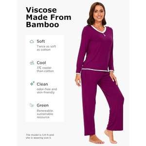 Ensemble pyjama en viscose de bambou personnalisé pour femmes, vêtements de nuit doux à manches longues, haut à col en V avec pantalon, vêtements de détente - Product Image 4