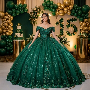 Lsany290 Stunning Emerald Green Maternity Quinceanera <b>Ball</b> Gown Appliques 3D Floral Sequin <b>Glitter</b> Organza Sweetheart Neck - Product Image 1