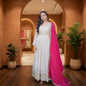 Designer Cosmos Gown with Real Mirror Work & Dupatta Wrinkle-Free Reversible <b>Ankle</b>-Length Party Wedding Dress - Product Image 1