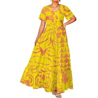 Robe en mousseline grande taille à col en V, imprimé tie-dye tribal polynésien, taille naturelle, pour l'été et la plage, éco-responsable, personnalisable pour femme