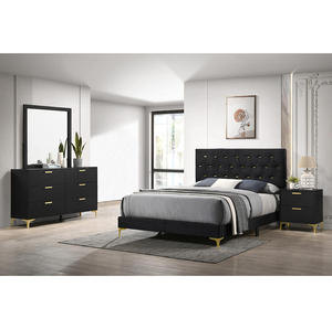 Black/Gold 4-piece <b>Convertible</b> Full Tufted Panel Modern Wood Bedroom Set for Apartment & Hotel Use - Product Image 1