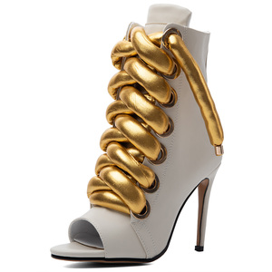 Sandali Estivi Taglia Grande 47 con Punta Aperta, <span class=keywords><strong>Stivali</strong></span> <span class=keywords><strong>Alti</strong></span> con Tacco a Spillo, Sexy Stivaletti da Donna Dorati con Lacci e Stringhe - Product Image 2