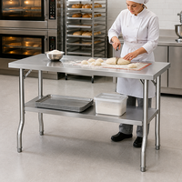 Table de travail portable pliable en acier inoxydable avec étagère inférieure, finition auto-nettoyante et résistante aux produits chimiques pour la préparation alimentaire commerciale