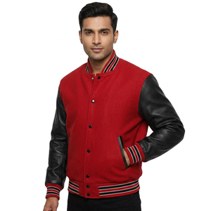 Blouson Bomber d'Hiver en Laine pour Homme avec Manches en Cuir Léger, Style Universitaire Haut de Gamme, Veste Rouge de Type Letterman avec Col Montant en Toile - Product Image 1