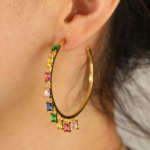 <strong>Emerald</strong> Green <strong>Drop</strong> Cz Rectangle Cubic Zirconia Gold Plated Big Hoop <strong>Earring</strong> - Product Image 5