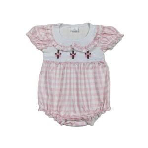 SR3754 RTS Mono de bebé rosa a cuadros con bordado cruzado para niñas, venta al por mayor, manga corta, tipo burbuja - Product Image 1