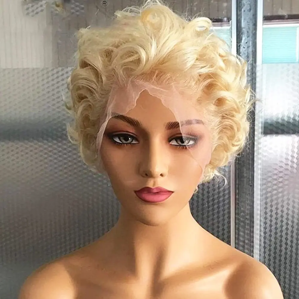 6 8 Inch 613 Blonde Gekleurde Pruiken Kort Blond Pixie Menselijk Haar 13X1 Transparant Kant Blonde Pixie Cut Pruik Voor zwarte Vrouwen