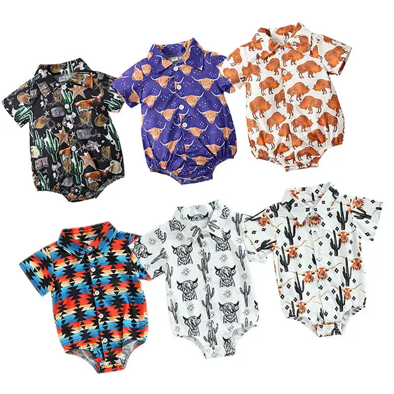 Barboteuse courte personnalisée pour bébés avec bouton Vêtements de haute qualité pour enfants nouveau-nés Barboteuse style cowboys pour garçons