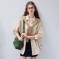 Chemise ample à rayures verticales beige pour femme VEGA CHANG, col à revers, boutonnée, manches longues, logo brodé, décontractée