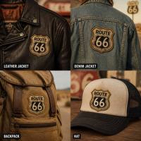 Écusson brodé vintage Route 66 personnalisé, effet vieilli, forme bouclier, souvenir autoroute américaine, badge Velcro pour veste de motard et jean