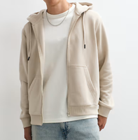 Sweat à capuche zippé oversize beige pour homme - 100% coton molletonné, veste décontractée pour l'entraînement