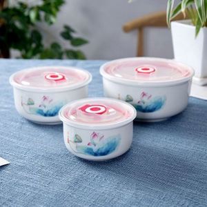 Ceramic Bone China Eco-Friendly Three-Piece Sealed Bowl <b>Set</b> Cover <b>Gift</b> Box European Luxury Minimalist Flower Decal Design - Product Image 6