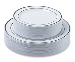 Assiettes en plastique jetables robustes de qualité supérieure Silver Gold Rim Real China Design 10.25 "Dîner et plateau à salade 7.5"