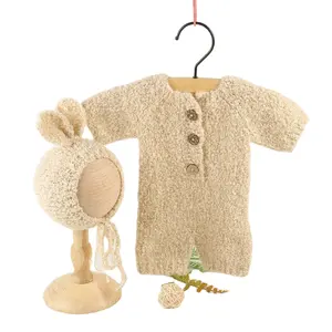 Vintage Gebreide Pasgeboren Meisje Fuzzy Romper Konijnenhoed Fotografie Rekwisieten Gehaakte Baby Teddybeer Outfit Overall Dierenset