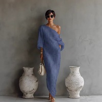 Robe Femme Color Block à Manches Longues, Col en V et Volants, Style Streetwear Printemps-Été, Taille Élastique, Tricotée