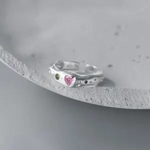 Женское Открытое кольцо из чистого серебра с розовым цирконием, кольцо из стерлингового серебра с матовым кубическим цирконием в форме сердца