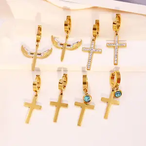 Trendy Chunky Gold Plated Edelstahl Hang Hoop Huggie Kreuz Ohrring für Frauen Drop Dangle Cross Ohrringe