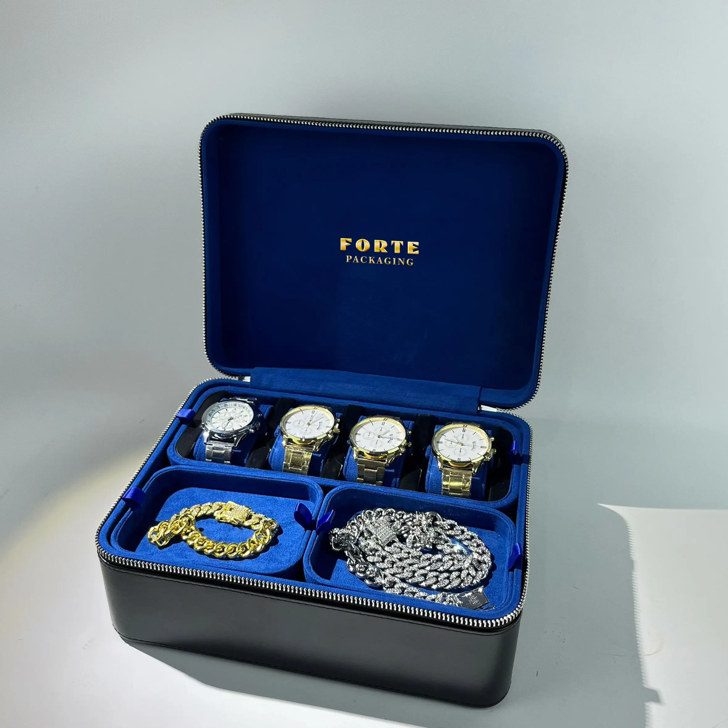 Personalizar Pu couro jóias viagens armazenamento jóias caixa organizador relógio caso com alça
