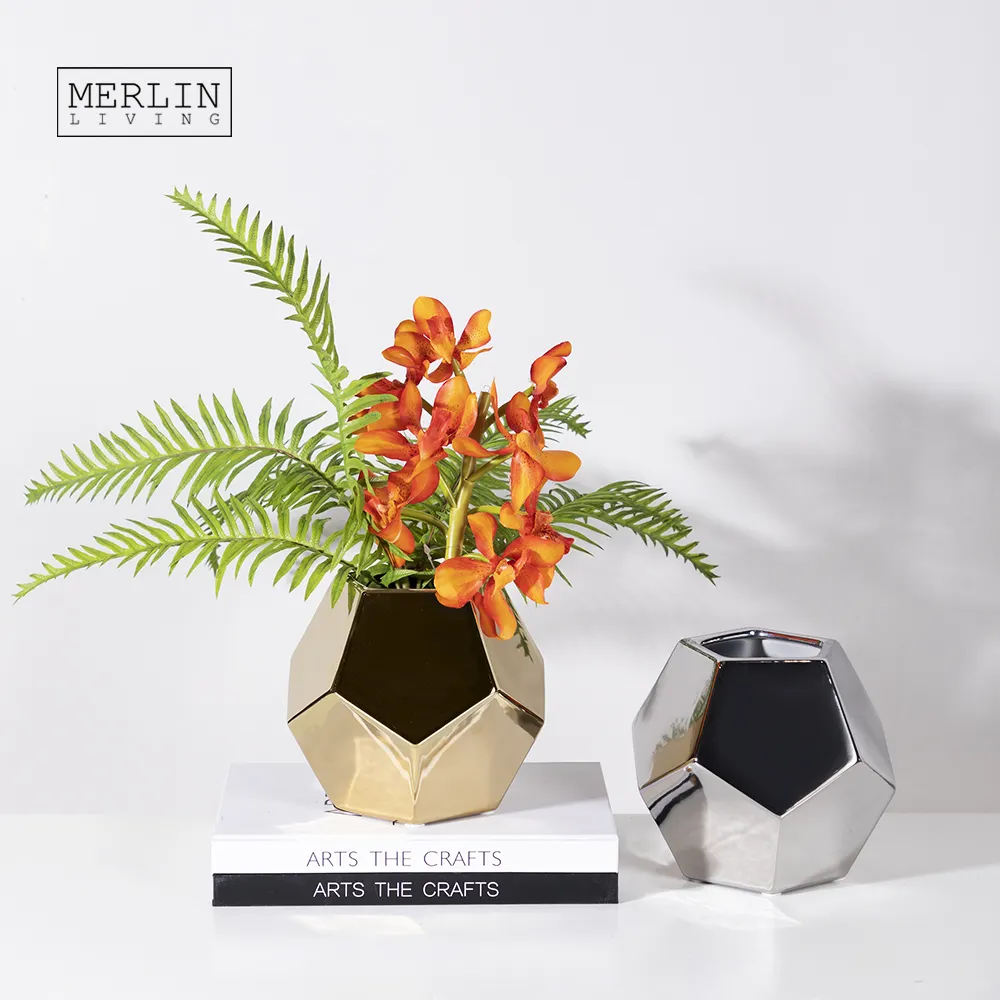 Merlin vasos geométricos, vasos galvanizados modernos, espelhados, de ouro, prata e cerâmica dourada, para decoração de metal