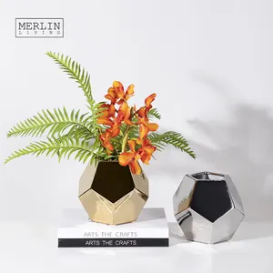 Merlin-jarrones de galvanoplastia de polígono geométrico moderno, espejo dorado y plateado de lujo, decoración de cerámica dorada para el hogar, florero de metal