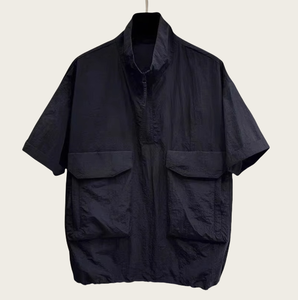 T-shirt décontracté pour <span class=keywords><strong>homme</strong></span>, manches courtes, col montant, tricoté, imprimé, séchage rapide, respirant, multi-poches, coupe oversize, style workwear, été - Product Image 4