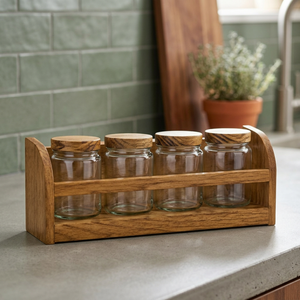 Estante de Almacenamiento de un Solo Nivel para Encimera, de Madera de Mango y Acero Inoxidable, con Frascos de Vidrio - Organizador de Cocina de Estilo Moderno de Mediados de Siglo - Product Image 3