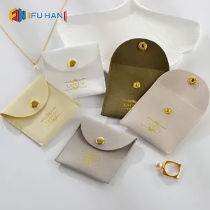 Luxury Custom Logo Embossed MediumVelvet Earring Necklace Gift Jewelry Microfiber Pouch Bag with Gold Button