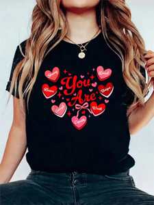 T-shirt girocollo stampata per San Valentino da donna, vestibilità regolare, 100% cotone, top casual, lavabile in lavatrice, per tutte le stagioni - Product Image 3