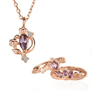 Ensemble de bijoux conte de fées, en argent Sterling 925, plaqué or rose, avec bague et collier de couleur violette, 10 pièces, ML93 + JL07