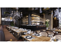 Design d'intérieur de restaurant haut de gamme, ensemble de meubles classiques pour café-bar avec chaises en rotin et table en bois, comptoir de bar personnalisé pour les boissons