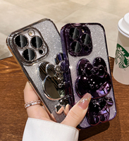 Mignon Lapin Miroir Titulaire Paillettes Gradient De Luxe Placage Dame Téléphone Cas Couverture pour iPhone 15 14 13 12 11 Pro Max Plus