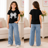 T-shirt d'été pour filles, à manches courtes, col rond, noir, avec un motif de nœud en strass, mignon et tendance