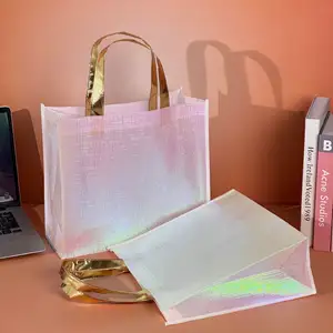 環境にやさしいメタリックシャイニングラミネート再利用可能なカスタムロゴPP不織布ショッピングトートパッケージバッグ