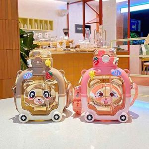 Cute Cartoon Kids Water Bottle With Strap Push Button Cap Bpa Free <b>Plastic</b> Travel Drinkware Green Pink - Product Image 2