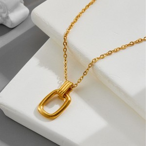 18K PVD Gold Stainless Steel Geometric Double <b>Ring</b> Pendant <b>Necklace</b> for Women | Minimalist Twist Rope Chain | Hypoallergenic - Product Image 4