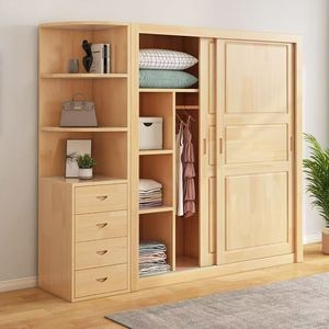 <b>Pine</b> Wood <b>Wardrobe</b> Solid Wood Sliding Door Storage Cabinet Bedroom Childrens <b>Wardrobe</b> Home Use Economical Design - Product Image 2