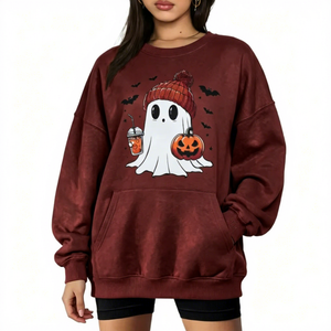 Sweat-shirt surdimensionné pour femme, imprimé fantôme et citrouille d'Halloween, col rond, violet, motif dessin animé, épaules tombantes, manches longues, pour l'automne - Product Image 3