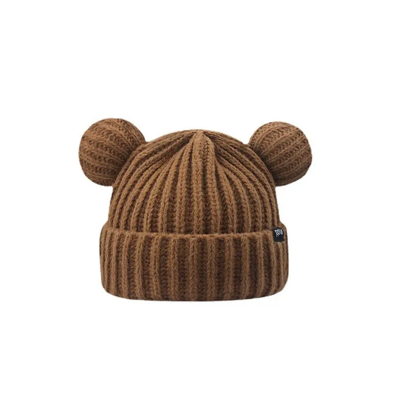 Mignon petit ours oreilles grand chapeau tricoté ample femmes hiver épaissi chaud bonnets unis