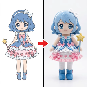 Poupée en peluche personnalisée Fille Magique Cheveux bleus bouclés Baguette magique étoile Robe superposée avec nœud cœur Personnalisée selon l'art anime du client - Product Image 1