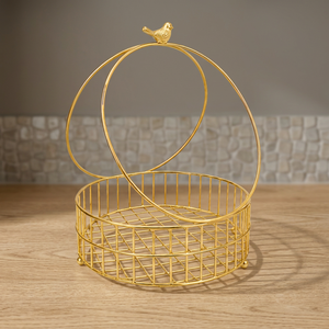 Golden Metal Wire Storage Basket Circle Shape With Bird Handle Elegant Home Decor Organizer for Kitchen and Living Space - Product Image 1