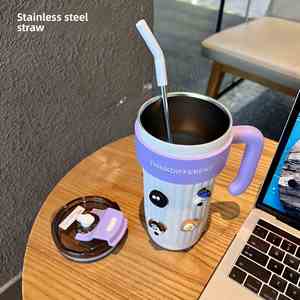 Wholesale 860ml Insulated Coffee <b>Mug</b> Vacuum Ice Cream Cup Straw <b>Large</b> Capacity Handle Cups Hot Cold Stainless Steel Tumbler - Product Image 2