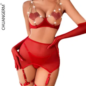 CHUANGERM en Stock 2024 nouveaux produits femmes poitrine ouverte amour chaîne Sexy transparent maille 5 pièces Lingerie femmes Sexy de haute qualité