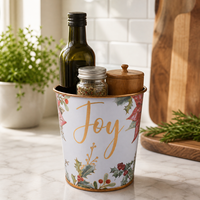 Pot de fleurs en fer blanc à bordure dorée florale, motif 'Merry Joy Noel' en lettres cursives, pour centre de table de fête de Noël et seau décoratif de jardin