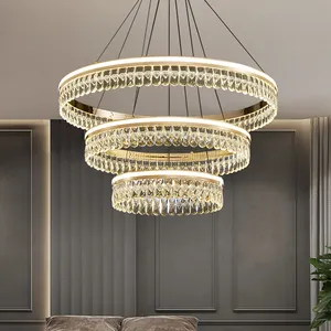 Contemporary Living Room Dimming Aluminum Round Led Lights 2 Layers Led Pendant Light Luxury Crystal Chandelier